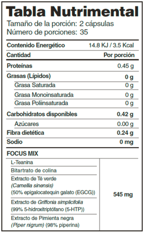 Nootropico FOCUS - Vikarmy Tabla Nutrimental